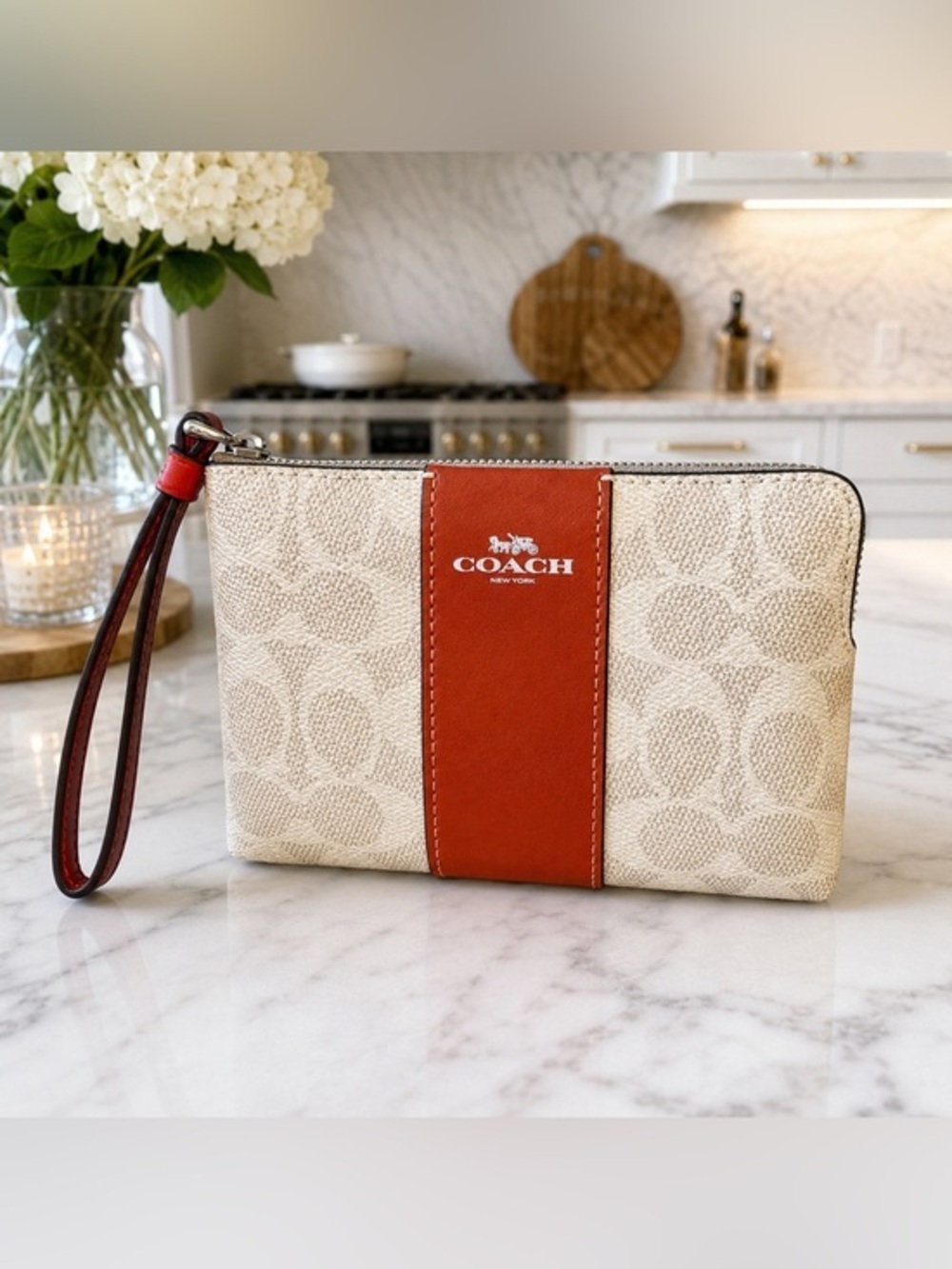 Coach Signature Corner Zip Wristlet Wallet Pouch | Beige Monogram & Leather Trim